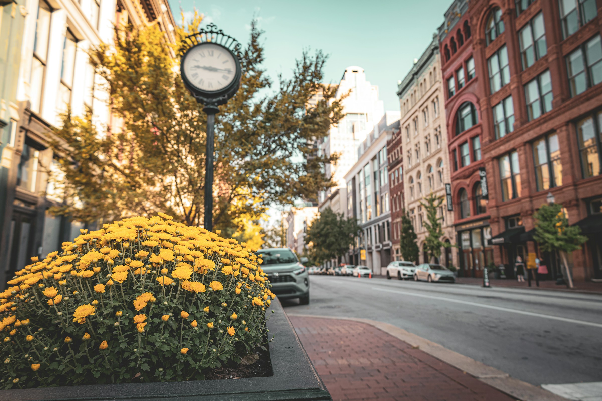 Historic downtown street scene with vintage clock